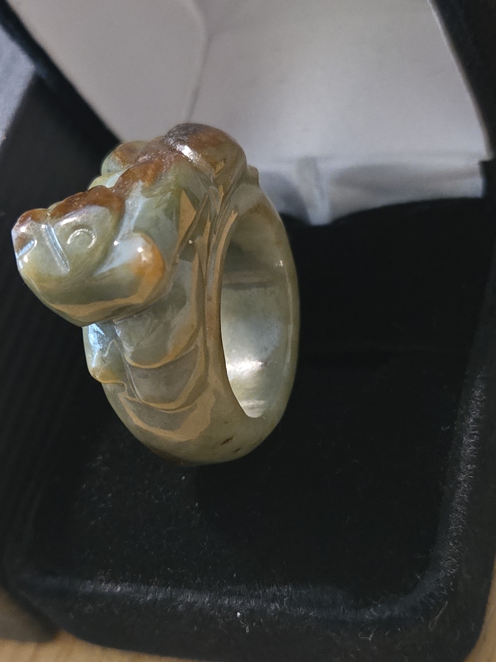 Carved Green and Brown Jade Ring - Unisex Jewelry